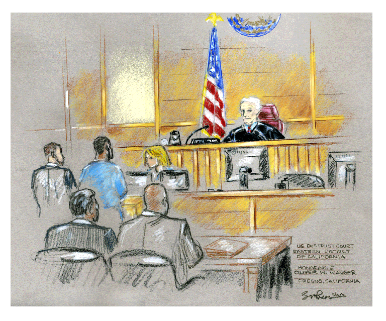 Courtroom sketch of the Honorable Oliver W. Wanger presiding in the U.S. District Court, Eastern District of California, Fresno