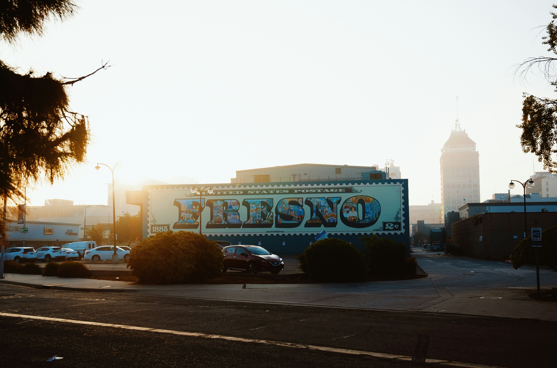 Downtown Fresno mural at sunrise
